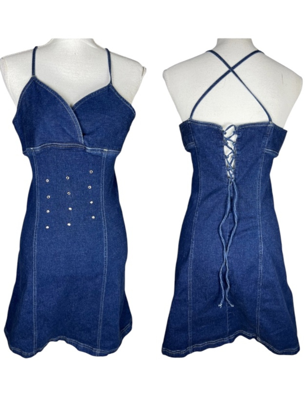 Y2K Dress Denim Western Grommet Strappy Corset Cowgirl Stretch Unique 90s Mini M